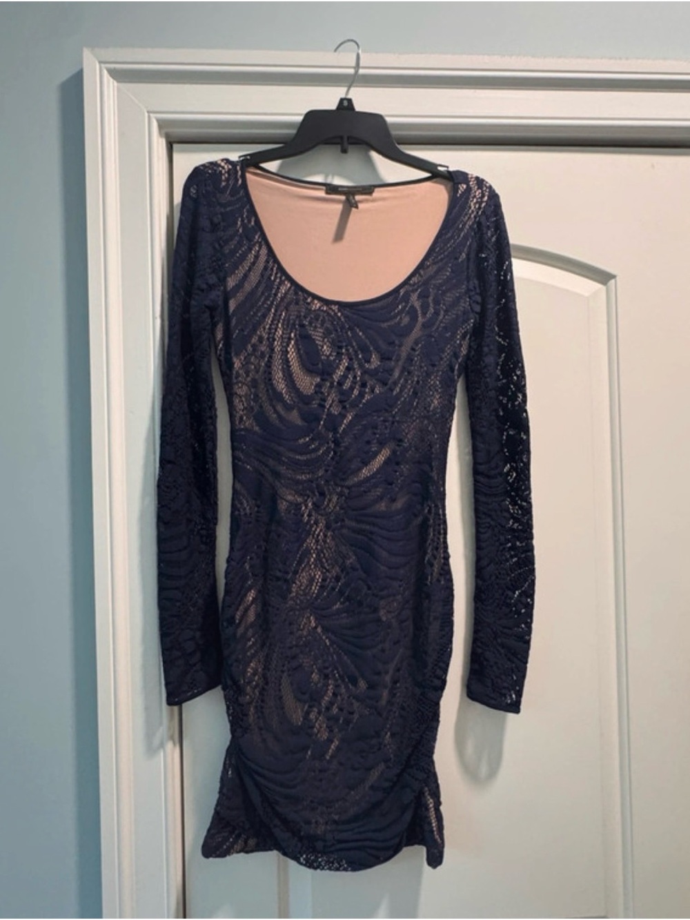 BCBG Navy Lace Long-Sleeve Mini Dress with Nude Lining